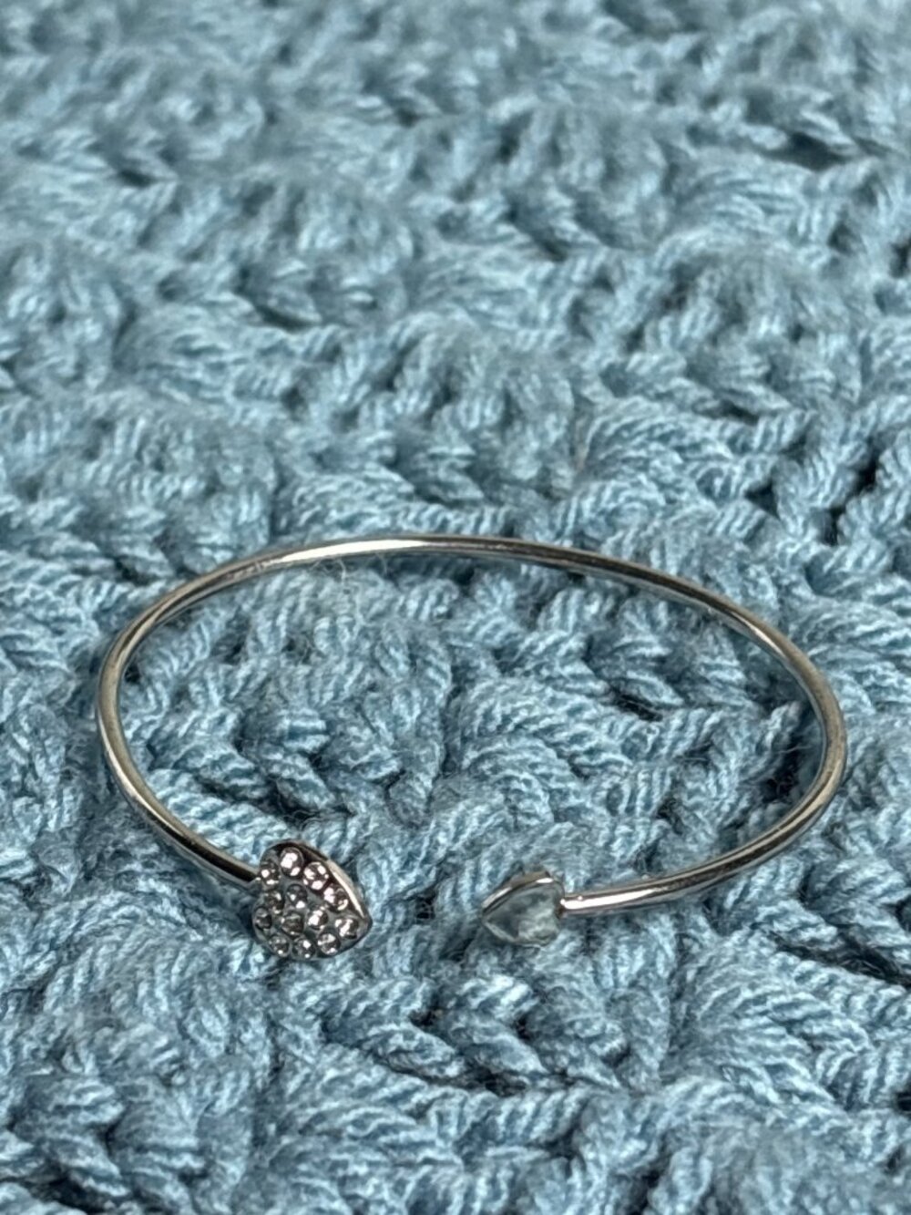Vintage Silvertone Clear Rhinestone Pave Hearts Cuff Bracelet 6.5 inches